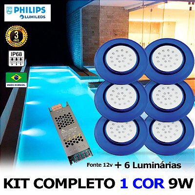 38 - KIT ILUMINAÇÃO LED PARA PISCINA 18w | 12,5 cm | IP68 À Prova d'água | COR FIXA | 6 Luminárias | LED PHILIPS