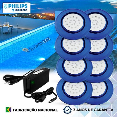 40 - KIT ILUMINAÇÃO LED PARA PISCINA 18w | 12,5 cm | IP68 À Prova d'água | COR FIXA | 8 Luminárias | LED PHILIPS