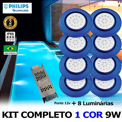 40 - KIT ILUMINAÇÃO LED PARA PISCINA 18w | 12,5 cm | IP68 À Prova d'água | COR FIXA | 8 Luminárias | LED PHILIPS