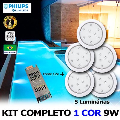 05 - KIT ILUMINAÇÃO LED PARA PISCINA 9w | 8 cm | IP68 À Prova d'água | COR FIXA | 5 Luminárias | LED PHILIPS