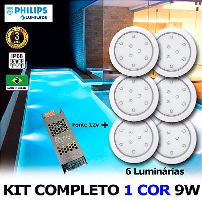 06 - KIT ILUMINAÇÃO LED PARA PISCINA 9w | 8 cm | IP68 À Prova d'água | COR FIXA | 6 Luminárias | LED PHILIPS