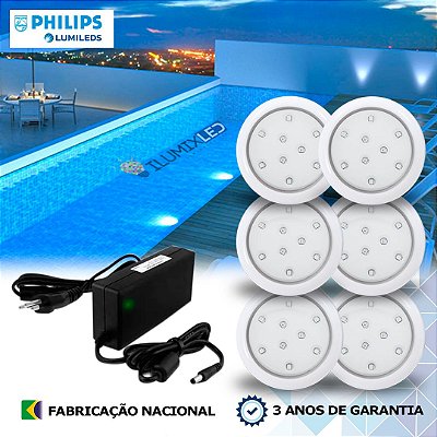 06 - KIT ILUMINAÇÃO LED PARA PISCINA 9w | 8 cm | IP68 À Prova d'água | COR FIXA | 6 Luminárias | LED PHILIPS