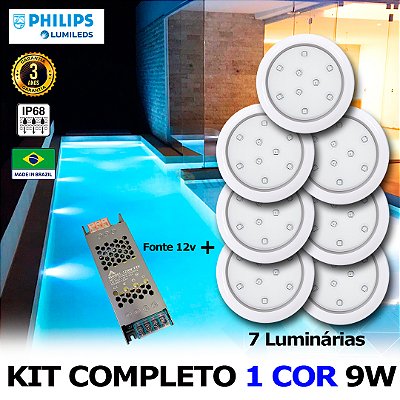 07 - KIT ILUMINAÇÃO LED PARA PISCINA 9w | 8 cm | IP68 À Prova d'água | COR FIXA | 7 Luminárias | LED PHILIPS