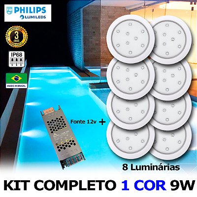 08 - KIT ILUMINAÇÃO LED PARA PISCINA 9w | 8 cm | IP68 À Prova d'água | COR FIXA | 8 Luminárias | LED PHILIPS