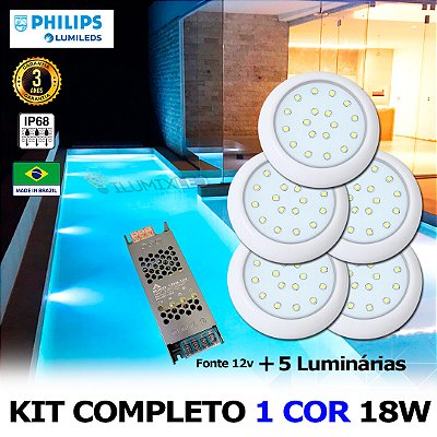21 - KIT ILUMINAÇÃO LED PARA PISCINA 18w | 8 cm | IP68 À Prova d'água | COR FIXA | 5 Luminária | LED PHILIPS