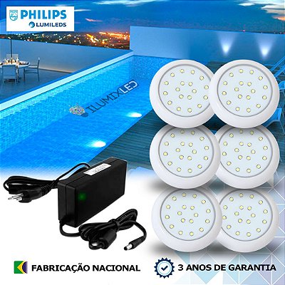 22 - KIT ILUMINAÇÃO LED PARA PISCINA 18w | 8 cm | IP68 À Prova d'água | COR FIXA | 6 Luminária | LED PHILIPS