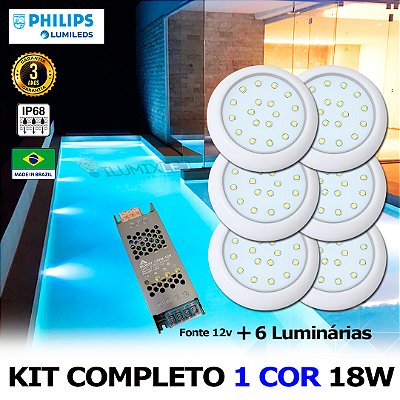22 - KIT ILUMINAÇÃO LED PARA PISCINA 18w | 8 cm | IP68 À Prova d'água | COR FIXA | 6 Luminária | LED PHILIPS