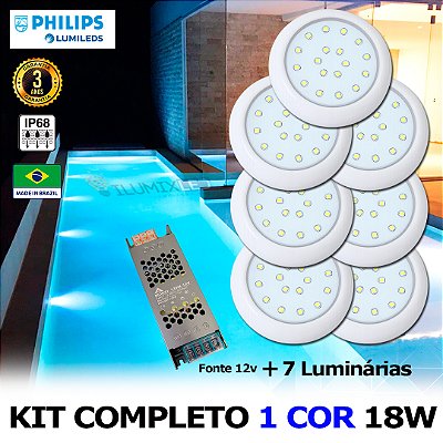 23 - KIT ILUMINAÇÃO LED PARA PISCINA 18w | 8 cm | IP68 À Prova d'água | COR FIXA | 7 Luminária | LED PHILIPS
