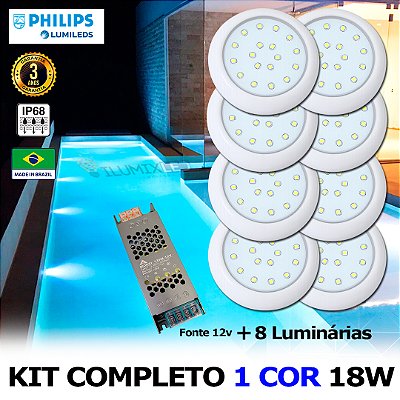 24 - KIT ILUMINAÇÃO LED PARA PISCINA 18w | 8 cm | IP68 À Prova d'água | COR FIXA | 8 Luminária | LED PHILIPS