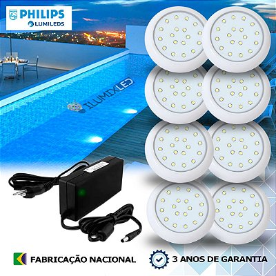 24 - KIT ILUMINAÇÃO LED PARA PISCINA 18w | 8 cm | IP68 À Prova d'água | COR FIXA | 8 Luminária | LED PHILIPS