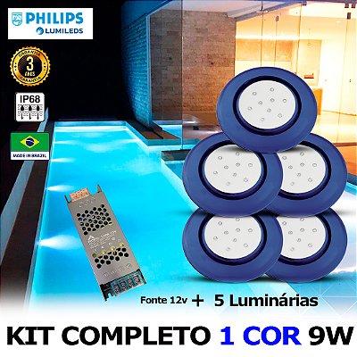 45 - KIT ILUMINAÇÃO LED PARA PISCINA 9w | 12,5 cm | IP68 À Prova d'água | COR FIXA | 5 Luminárias | LED PHILIPS