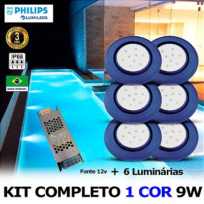 46 - KIT ILUMINAÇÃO LED PARA PISCINA 9w | 12,5 cm | IP68 À Prova d'água | COR FIXA | 6 Luminárias | LED PHILIPS