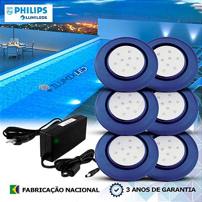 46 - KIT ILUMINAÇÃO LED PARA PISCINA 9w | 12,5 cm | IP68 À Prova d'água | COR FIXA | 6 Luminárias | LED PHILIPS