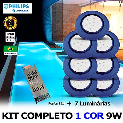 47 - KIT ILUMINAÇÃO LED PARA PISCINA 9w | 12,5 cm | IP68 À Prova d'água | COR FIXA | 7 Luminárias | LED PHILIPS