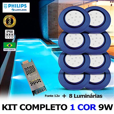 48 - KIT ILUMINAÇÃO LED PARA PISCINA 9w | 12,5 cm | IP68 À Prova d'água | COR FIXA | 8 Luminárias | LED PHILIPS