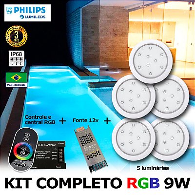 53 - KIT ILUMINAÇÃO LED PARA PISCINA 9w | 8 cm | RGB sistema Colorido | IP68 À Prova d'água | 5 Luminárias | LED PHILIPS