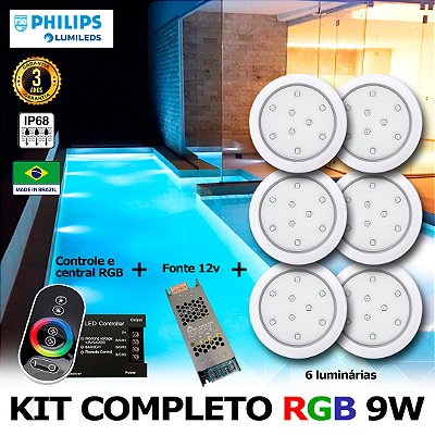 54 - KIT ILUMINAÇÃO LED PARA PISCINA 9w | 8 cm | RGB sistema Colorido | IP68 À Prova d'água | 6 Luminárias | LED PHILIPS