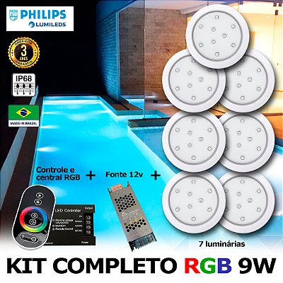 55 - KIT ILUMINAÇÃO LED PARA PISCINA 9w | 8 cm | RGB sistema Colorido | IP68 À Prova d'água | 7 Luminárias | LED PHILIPS