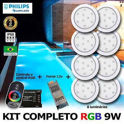 56 - KIT ILUMINAÇÃO LED PARA PISCINA 9w | 8 cm | RGB sistema Colorido | IP68 À Prova d'água | 8 Luminárias | LED PHILIPS