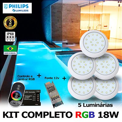 61 - KIT ILUMINAÇÃO LED PARA PISCINA 18w | 8 cm | RGB sistema Colorido | IP68 À Prova d'água | 5 Luminárias | LED PHILIPS