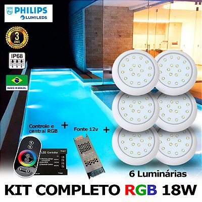62 - KIT ILUMINAÇÃO LED PARA PISCINA 18w | 8 cm | RGB sistema Colorido | IP68 À Prova d'água | 6 Luminárias | LED PHILIPS