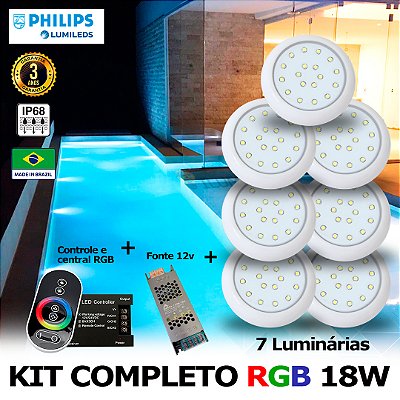 63 - KIT ILUMINAÇÃO LED PARA PISCINA 18w | 8 cm | RGB sistema Colorido | IP68 À Prova d'água | 7 Luminárias | LED PHILIPS