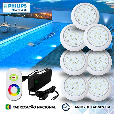 63 - KIT ILUMINAÇÃO LED PARA PISCINA 18w | 8 cm | RGB sistema Colorido  | IP68 À Prova d'água | 7 Luminárias | LED PHILIPS