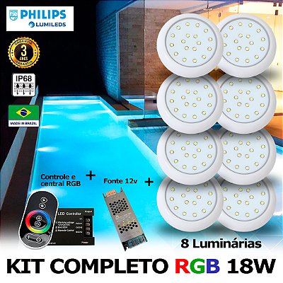64 - KIT ILUMINAÇÃO LED PARA PISCINA 18w | 8 cm | RGB sistema Colorido | IP68 À Prova d'água | 8 Luminárias | LED PHILIPS
