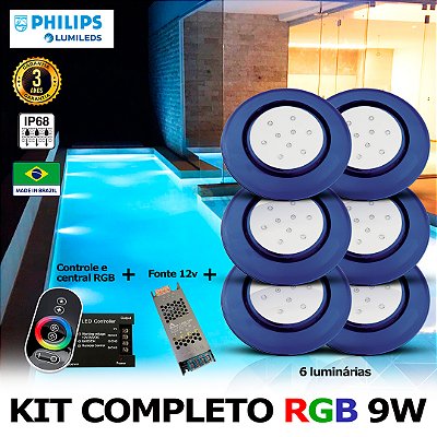 70 - KIT ILUMINAÇÃO LED PARA PISCINA 9w | 12,5 cm | RGB sistema Colorido | IP68 À Prova d'água | 6 Luminárias | LED PHILIPS