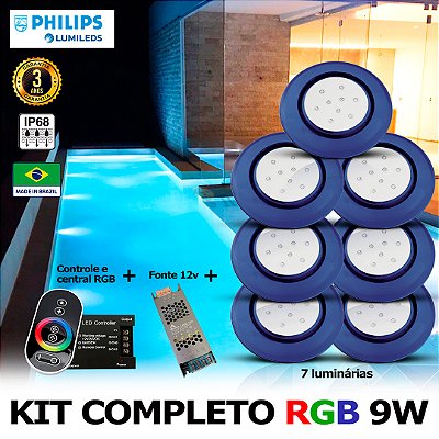 71 - KIT ILUMINAÇÃO LED PARA PISCINA 9w | 12,5 cm | RGB sistema Colorido | IP68 À Prova d'água | 7 Luminárias | LED PHILIPS