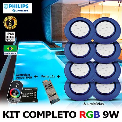 72 - KIT ILUMINAÇÃO LED PARA PISCINA 9w | 12,5 cm | RGB sistema Colorido | IP68 À Prova d'água | 8 Luminárias | LED PHILIPS