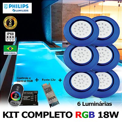79 - KIT ILUMINAÇÃO LED PARA PISCINA 18w | 12,5 cm | RGB sistema Colorido | IP68 À Prova d'água | 6 Luminárias | LED PHILIPS