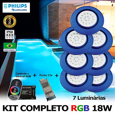 80 - KIT ILUMINAÇÃO LED PARA PISCINA 18w | 12,5 cm | RGB sistema Colorido | IP68 À Prova d'água | 7 Luminárias | LED PHILIPS