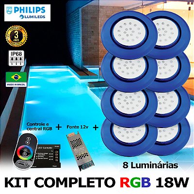 81 - KIT ILUMINAÇÃO LED PARA PISCINA 18w | 12,5 cm | RGB sistema Colorido | IP68 À Prova d'água | 8 Luminárias | LED PHILIPS