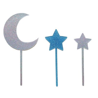 Topo de bolo acrílico - Lua e estrelas (Prata e Azul - 3 peças)