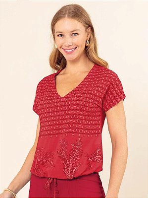 Blusa "Confiante" Japonesa Decote V Bainha com Coulissé