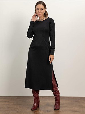 Vestido "Reflexões" Jacard Reto Midi Manga Longa