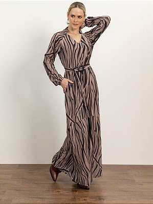 Vestido "Emoções" Longo com Cinto Manga Longa