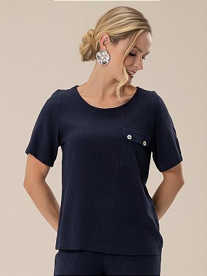 Blusa "Pausa" Manga Curta Bolso com Lapela