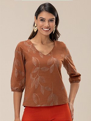 Blusa "Natural" Mangas ¾ Bordado Folhas