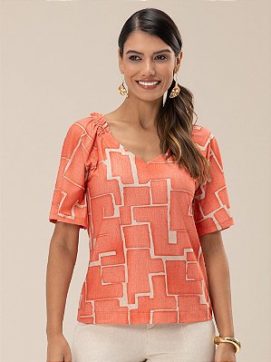 Blusa "Equilíbrio" Manga Curta Decote V Frente e Costas