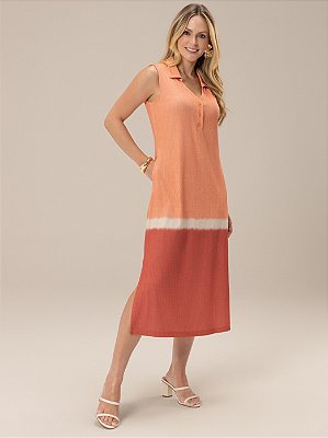 Vestido "Natural" Chemise Sem Manga Midi Barrado