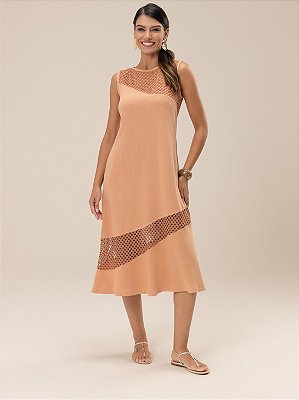 Vestido "Oásis" Sem Manga Midi Detalhe Crochê
