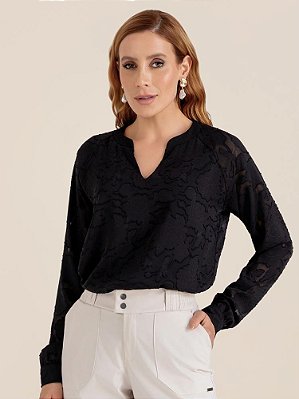 Blusa "Alento" Manga Longa Transparência Jacard Floral