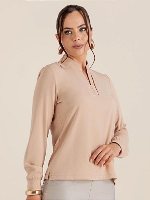 Blusa "Clareza" Manga Longa Decote V Gola Contorno