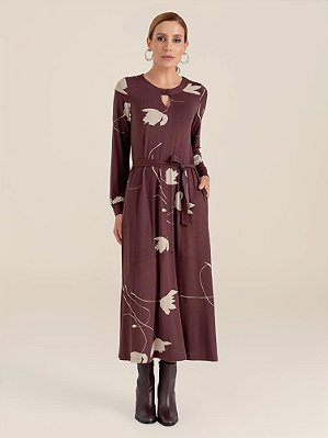 Vestido "Sussurro" Evasê Midi Manga Longa Vazado