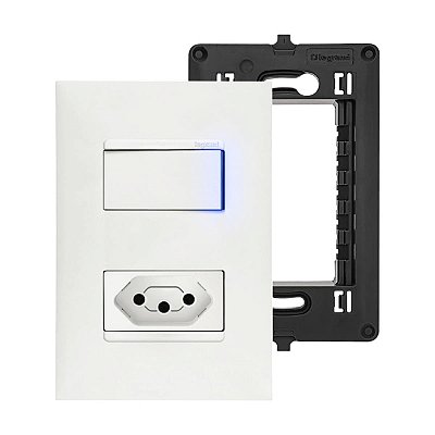 Kit Tomada 20A e Interruptor Paralelo Com Blue LED Placa e Suporte Branco