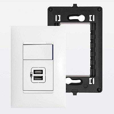 Kit Interruptor Simples com Led + Carregador Duplo USB-C+A Branco Com Placa e Suporte