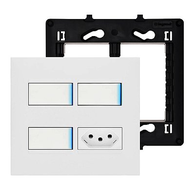 Conjunto Completo 3 Interruptores Com Led e Tomada Suporte Placa Branco PIAL Plus+