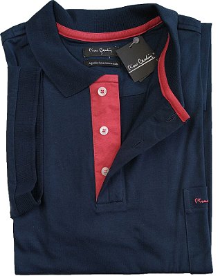 Camisa Polo Pierre Cardin (PLUS SIZE) Com Bolso - Manga Curta Com Punho - Fio de Escócia - 100% Algodão - Ref. 15686 Marinho